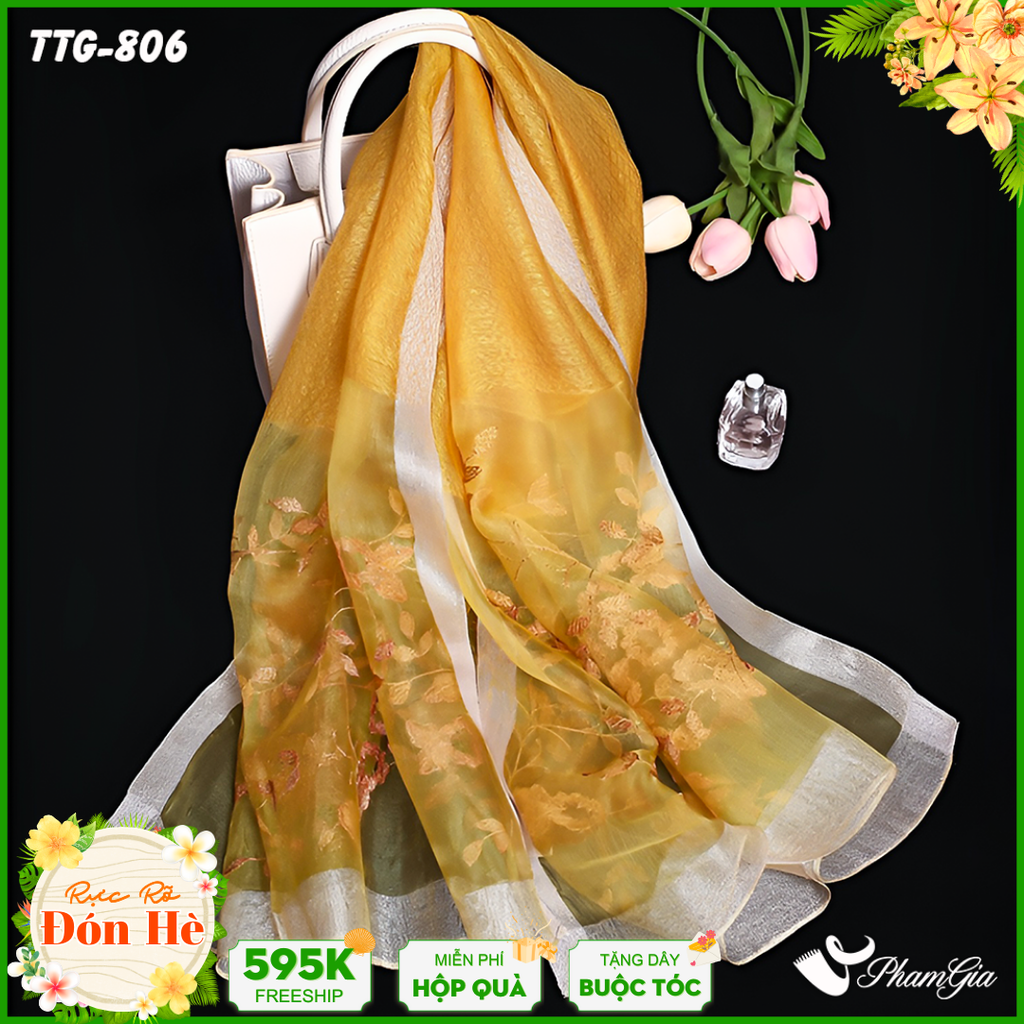 Khăn Choàng Tơ Tằm Gân Thêu Hoa Hải Quỳ Cao Cấp Màu Vàng