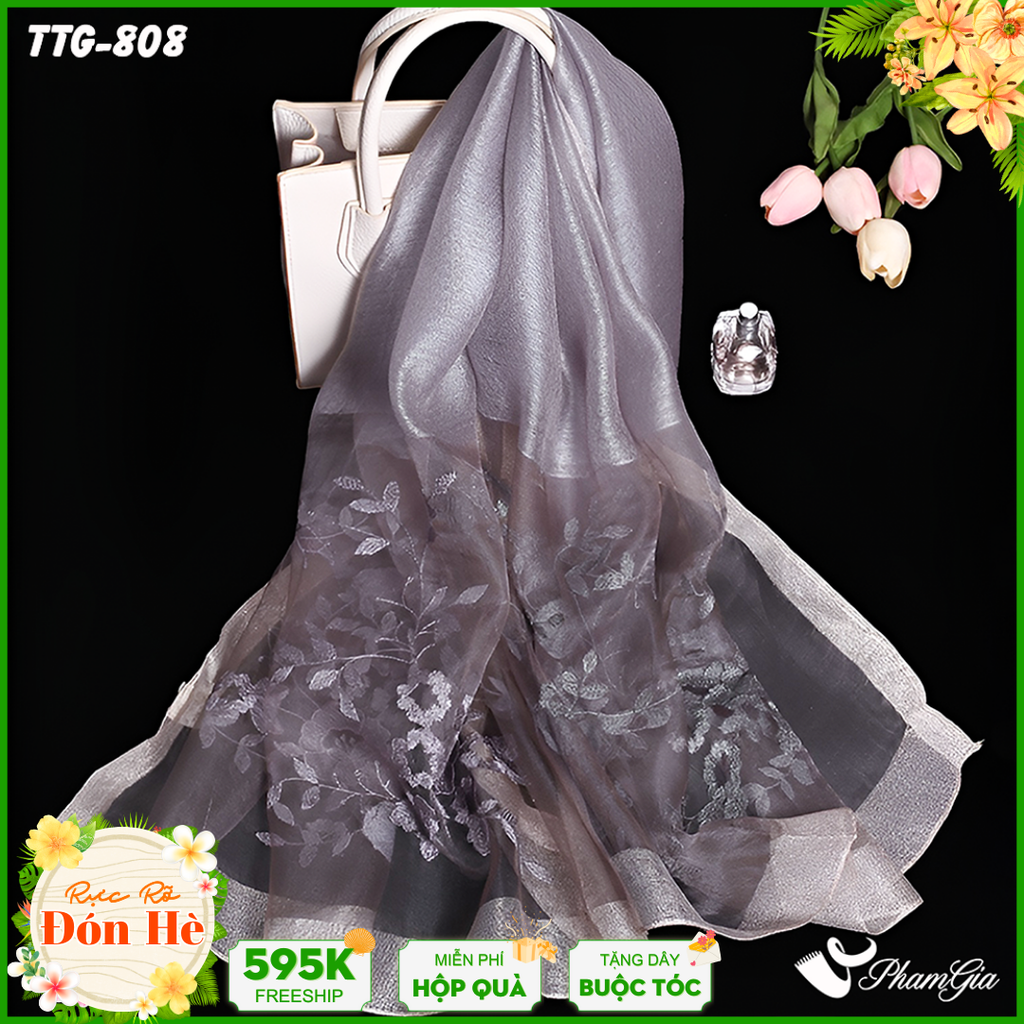 Khăn Choàng Tơ Tằm Gân Thêu Hoa Hải Quỳ Cao Cấp Màu Xám Ghi