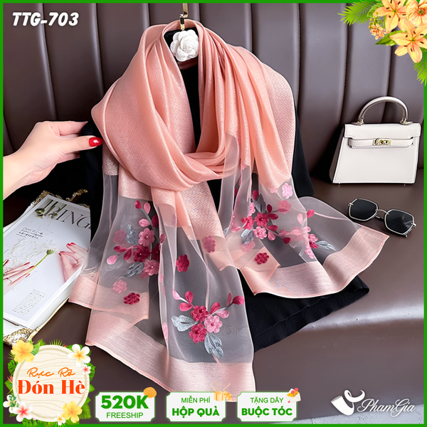 Khăn Choàng Tơ Tằm Gân Thêu Hoa Tuyết Mai Cao Cấp Màu Cam Sữa (TTG703)