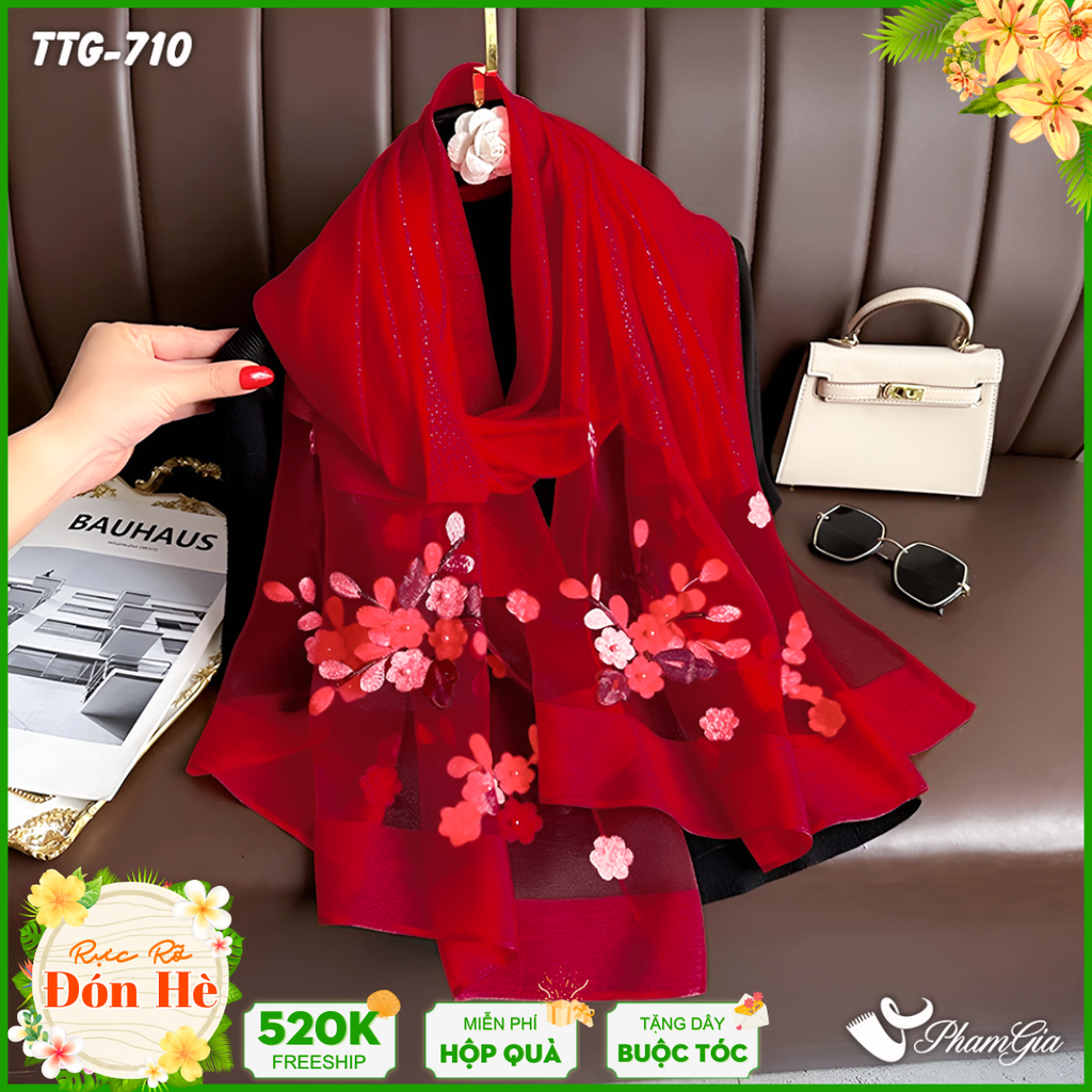 Khăn Choàng Tơ Tằm Gân Thêu Hoa Tuyết Mai Cao Cấp Màu Đỏ