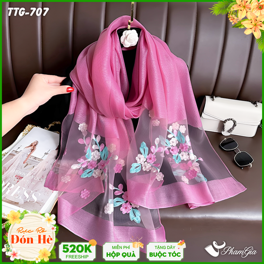 Khăn Choàng Tơ Tằm Gân Thêu Hoa Tuyết Mai Cao Cấp Màu Hồng Mận