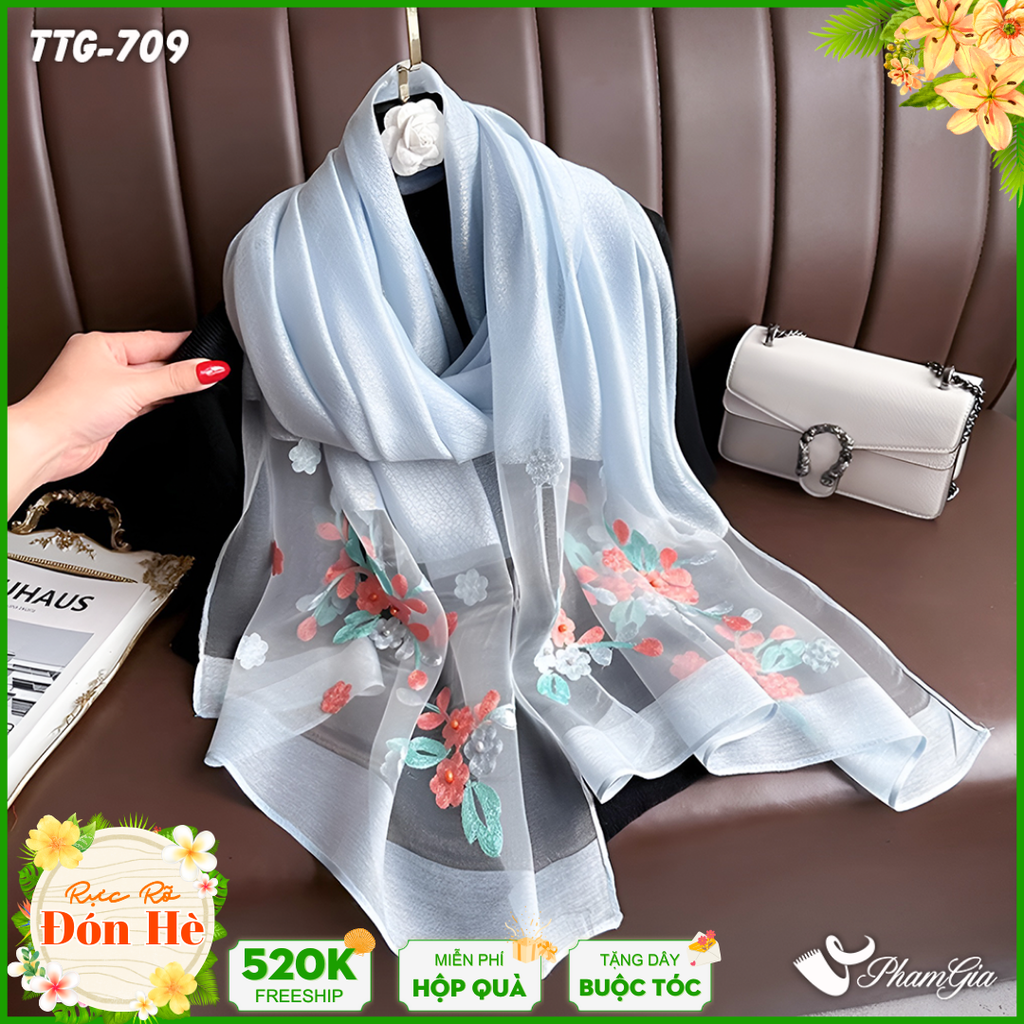 Khăn Choàng Tơ Tằm Gân Thêu Hoa Tuyết Mai Cao Cấp Màu Xanh Baby