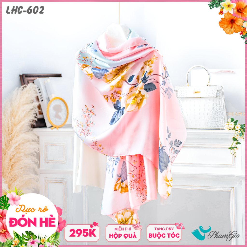 Khăn Lụa Hàng Châu Màu Hồng Baby Họa Tiết Hoa Vàng Thanh Lịch