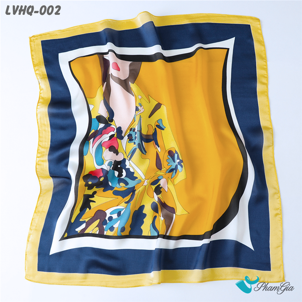 Cận Chất Khăn Lụa Vuông 70*70cm Phong Cách Hàn Quốc Họa Tiết Cô Gái Màu Vàng