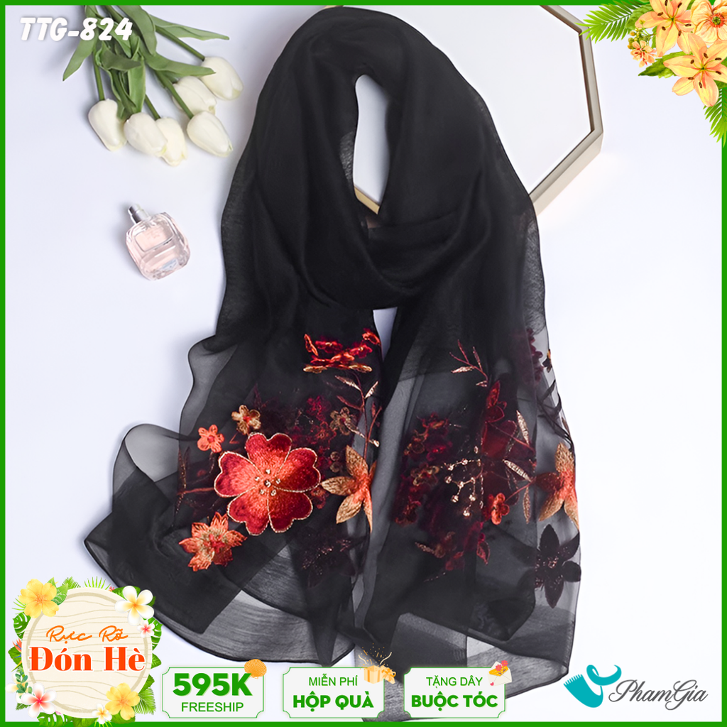 Khăn Choàng Tơ Tằm Gân Cao Cấp Thêu Hoa Mai Màu Đen Sang Trọng