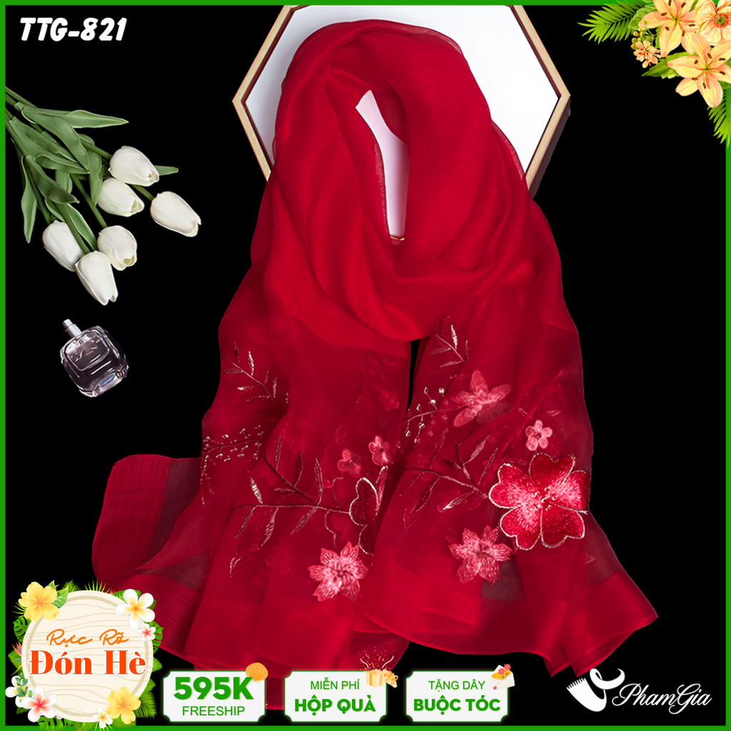 Khăn Choàng Tơ Tằm Gân Cao Cấp Thêu Hoa Mai Màu Đỏ Sang Trọng