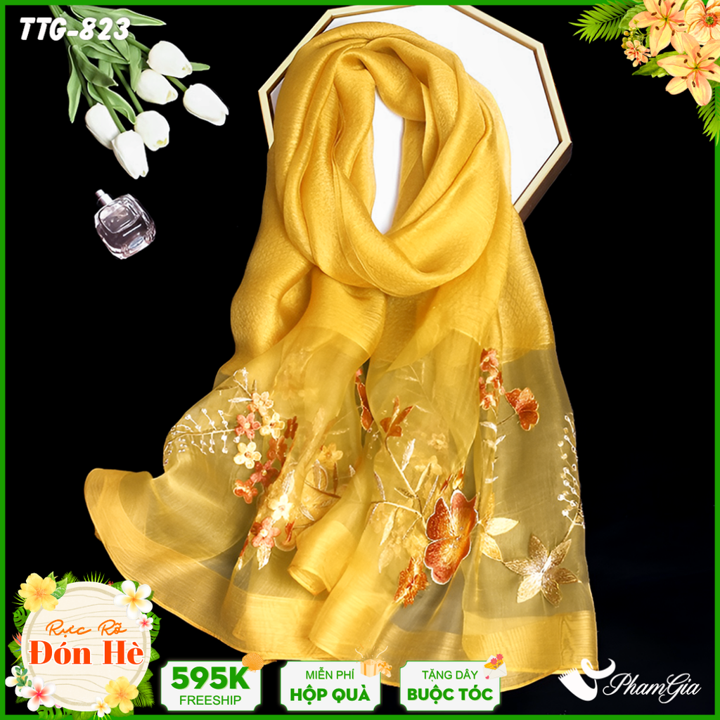Khăn Choàng Tơ Tằm Gân Cao Cấp Thêu Hoa Mai Màu Vàng Gold Sang Trọng