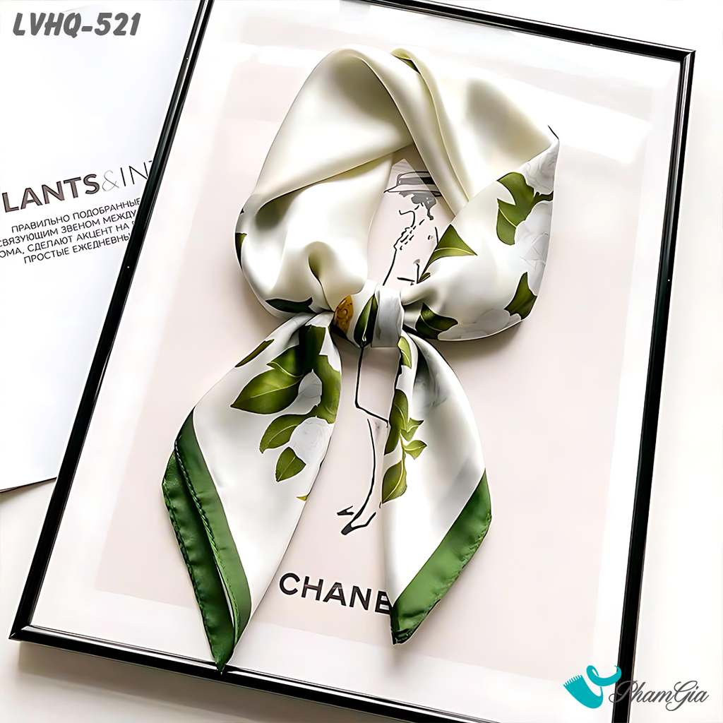 Khăn Lụa Vuông 70*70cm Phong Cách Hàn Quốc Họa Tiết Hoa Trà Màu Xanh