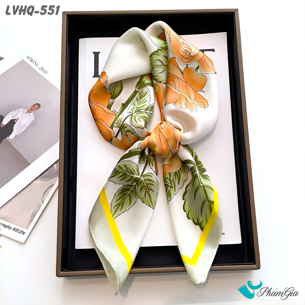 Khăn Lụa Vuông 70*70cm Phong Cách Hàn Quốc Họa Tiết Hoa Hồng Màu Cam Đào Viền Xanh Ngọc