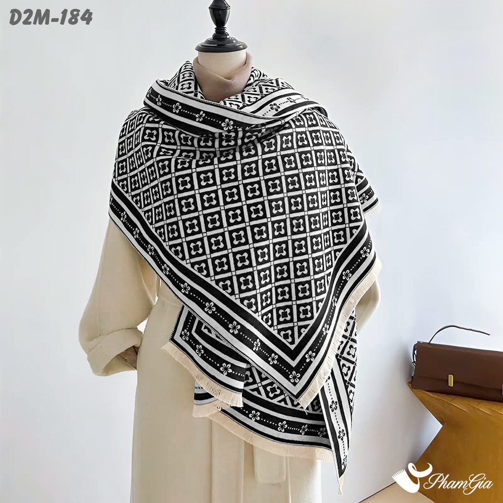 Họa Tiết Khăn Choàng Dạ Cashmere 2 Mặt Cao Cấp Họa Tiết Caro Retro Phối Màu Trắng Đen Ấn Tượng