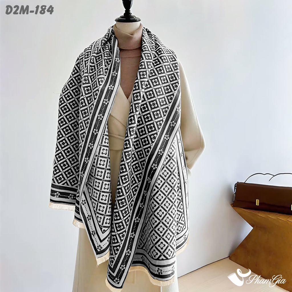 Góc Thẳng Khăn Choàng Dạ Cashmere 2 Mặt Cao Cấp Họa Tiết Caro Retro Phối Màu Trắng Đen Ấn Tượng