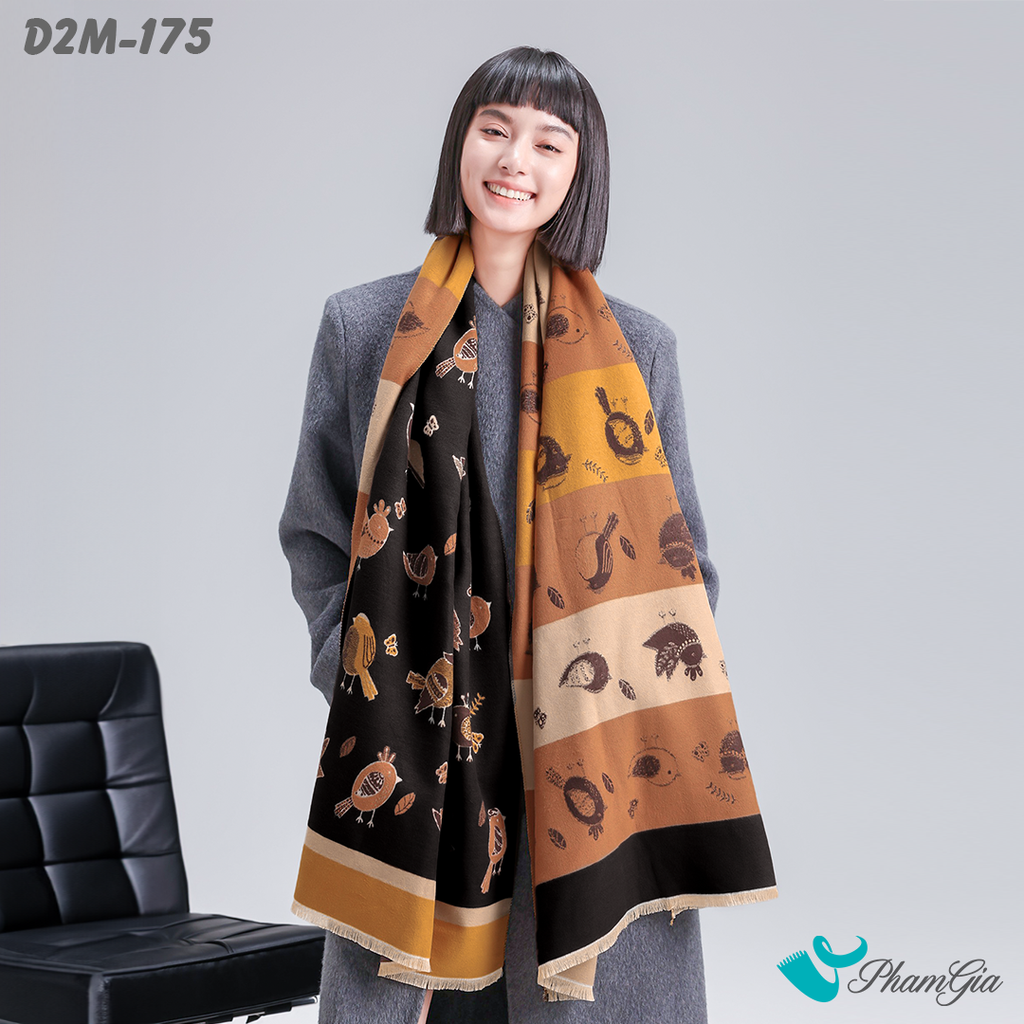 Khăn Choàng Dạ Cashmere 2 Mặt Cao Cấp  Họa Tiết Hoạt Hình Phối Sọc Màu Đen Cam Đất Độc Đáo