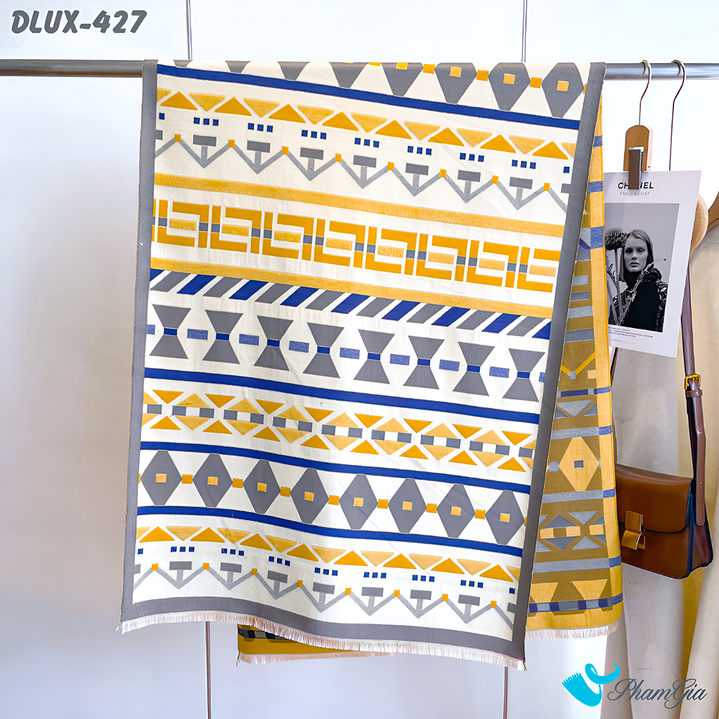 Họa Tiết Khăn Choàng Dạ Cashmere Cao Cấp Họa Tiết Hình Học Hiện Đại Màu Vàng Viền Xanh Cá Tính