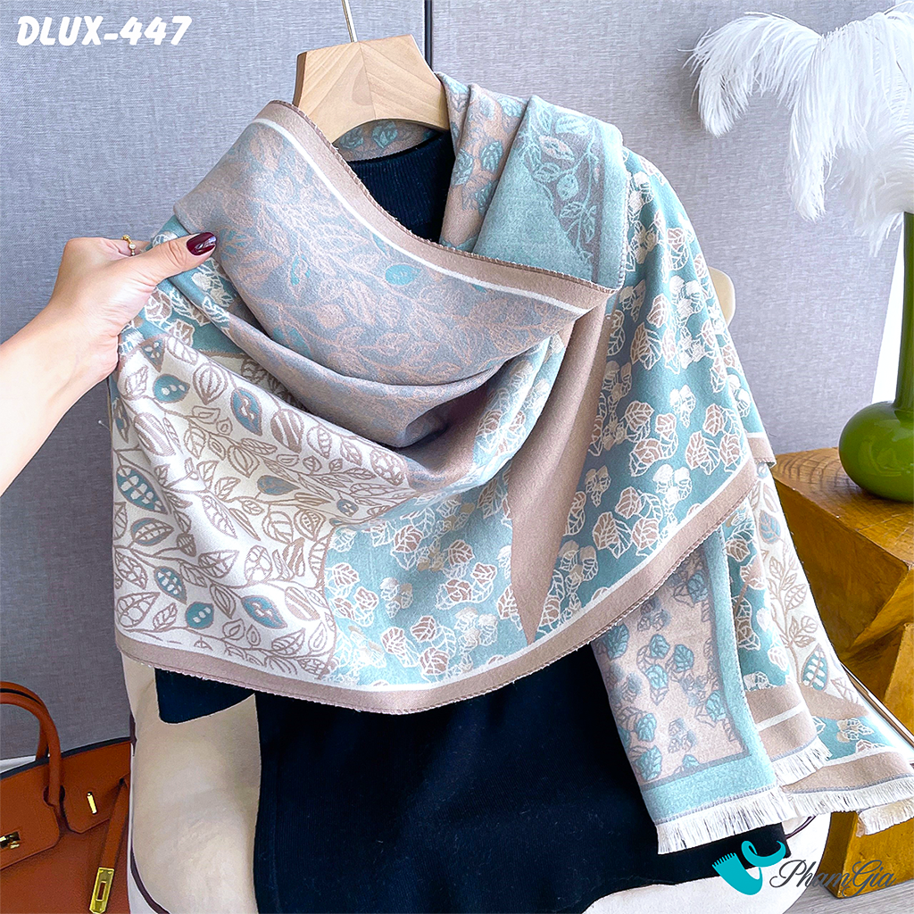 Góc Nghiêng Khăn Choàng Dạ Cashmere Cao Cấp Họa Tiết Hoa Lá Phối Màu Xanh - Beige Pastel Thanh Lịch