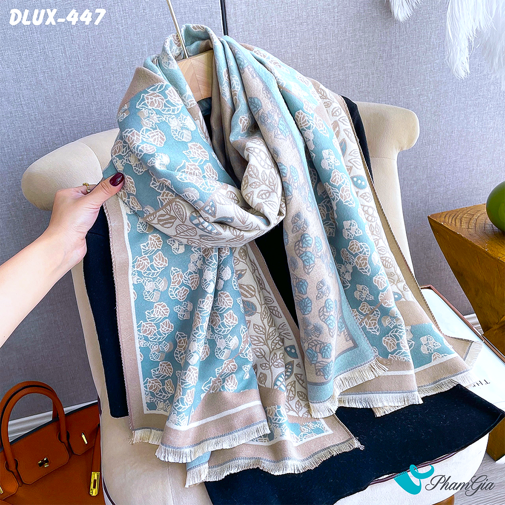 Nghiêng Phải Khăn Choàng Dạ Cashmere Cao Cấp Họa Tiết Hoa Lá Phối Màu Xanh - Beige Pastel Thanh Lịch
