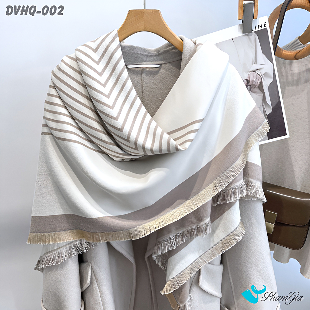 Nghiêng Phải Khăn Choàng Dạ Cashmere Vuông Phong Cách Hàn Quốc Cao Cấp Họa Tiết Kẻ Sọc Beige - Trắng