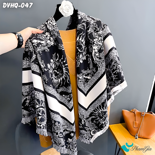 Khăn Choàng Dạ Cashmere Vuông Phong Cách Hàn Quốc Cao Cấp Họa Tiết Mặt Trời Màu Đen Trắng (DVHQ047)