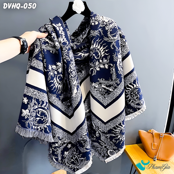 Khăn Choàng Dạ Cashmere Vuông Phong Cách Hàn Quốc Cao Cấp Họa Tiết Mặt Trời Màu Xanh Navy (DVHQ050)
