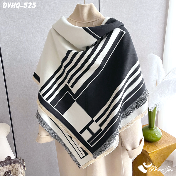 Khăn Choàng Dạ Cashmere Vuông Phong Cách Hàn Quốc Phiên Bản Mới Họa Tiết Kẻ Sọc Đen Trắng (DVHQ525)