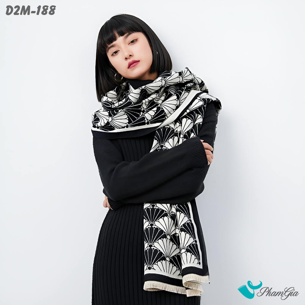 Khăn Choàng Dạ Cashmere 2 Mặt Họa Tiết Rẻ Quạt Phối Màu Trắng Đen Tinh Tế