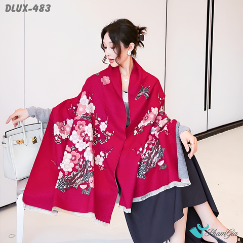 Khăn Choàng Dạ Cashmere Cao Cấp Họa Tiết Hoa Đào Màu Đỏ Đô Sang Trọng (DLUX483)