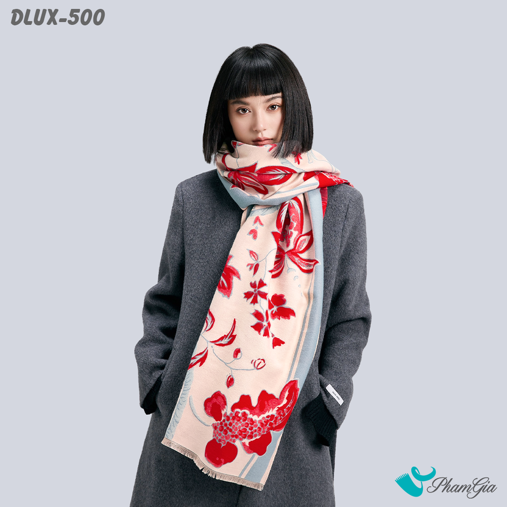 Người Mẫu Choàng Khăn Choàng Dạ Cashmere Cao Cấp Họa Tiết Hoa Lựu Màu Đỏ Ruby Ấn Tượng