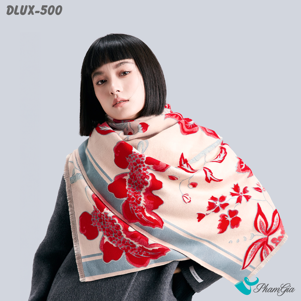 Model Choàng Khăn Choàng Dạ Cashmere Cao Cấp Họa Tiết Hoa Lựu Màu Đỏ Ruby Ấn Tượng