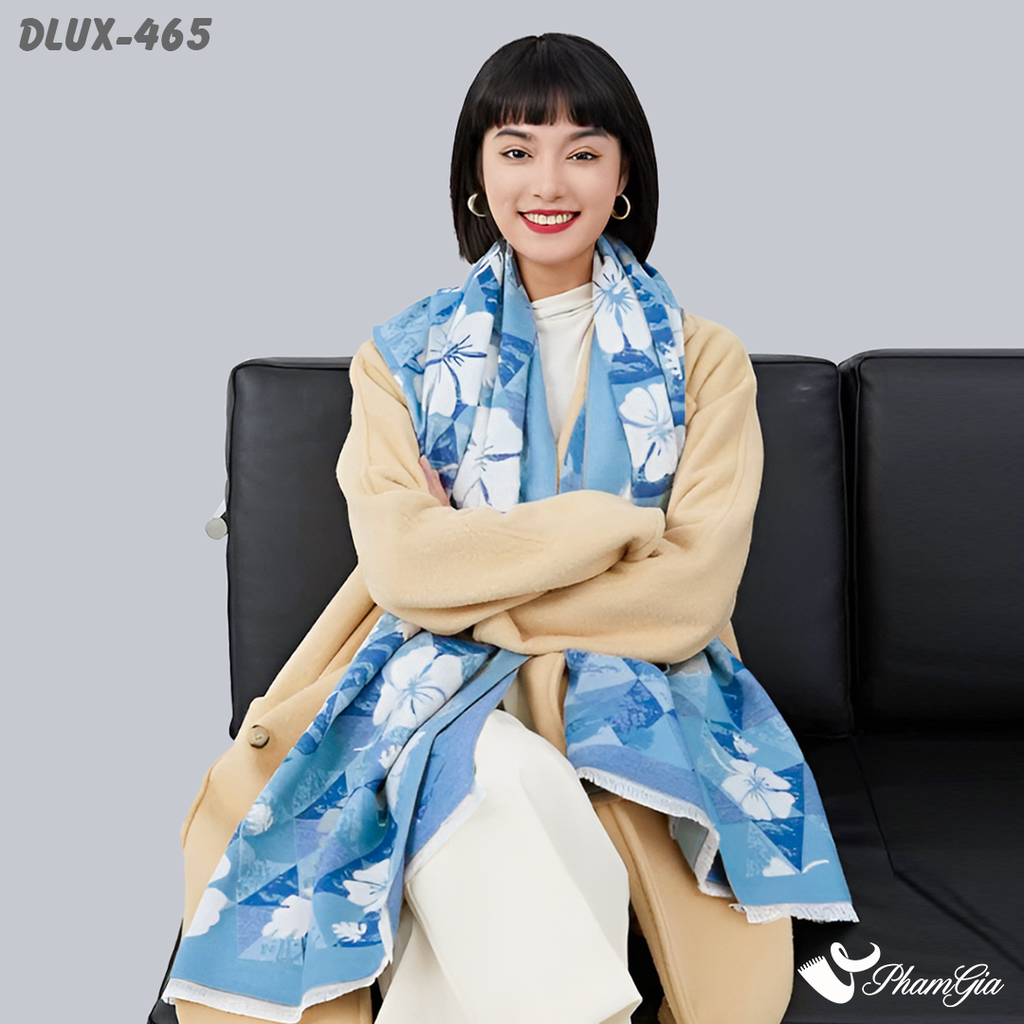 Khăn Choàng Dạ Cashmere Cao Cấp Họa Tiết Hoa Mai Màu Xanh Baby Thanh Lịch
