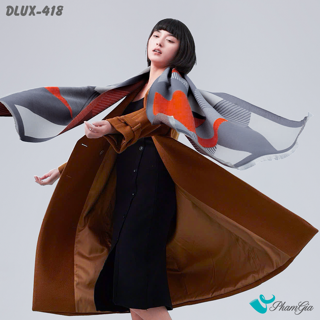 Model Choàng Khăn Choàng Dạ Cashmere Cao Cấp Họa Tiết Lập Thể Phối Màu Xám - Cam Cá Tính