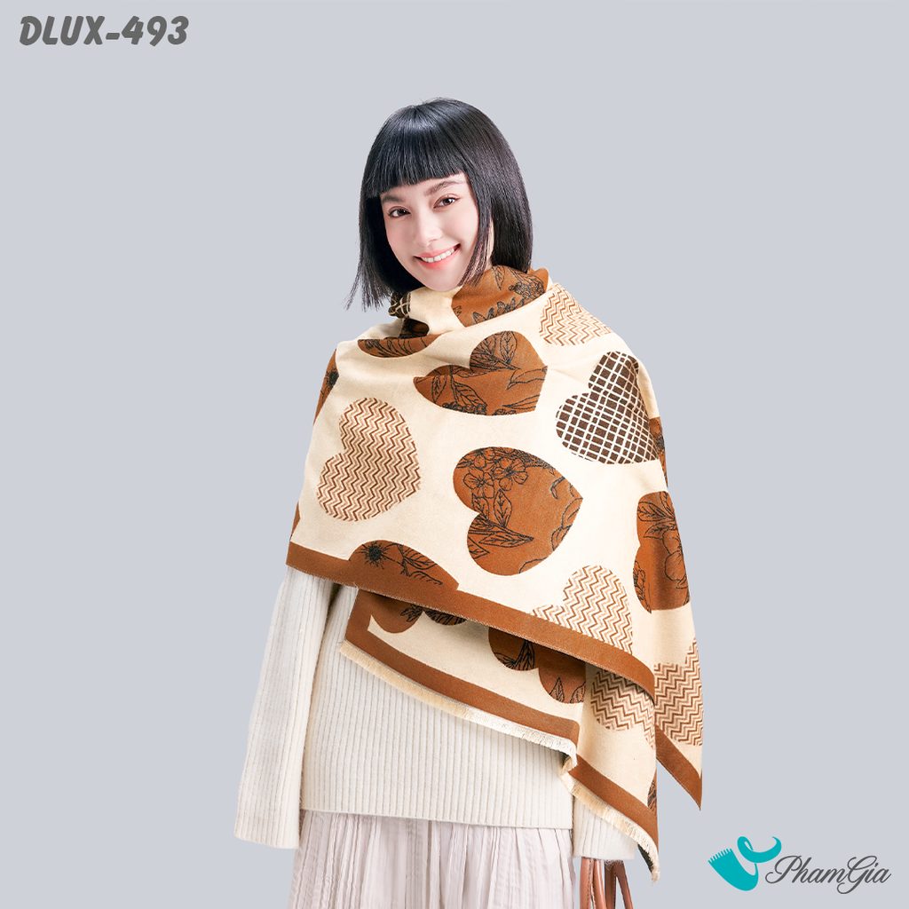 Model Choàng Khăn Choàng Dạ Cashmere Cao Cấp Họa Tiết Trái Tim Màu Nâu Tây Cá Tính