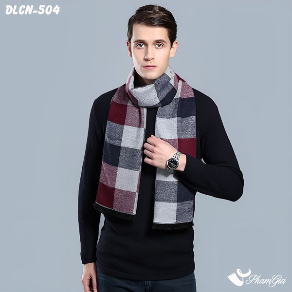 Khăn Choàng Dạ Cashmere Nam Cao Cấp Họa Tiết Caro Buffalo Phối Màu Đỏ - Xám (DLCN504)