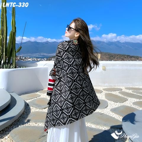 Họa Tiết Khăn Choàng Linen Boho Họa Tiết Hình Học Mosaic Màu Đen Trắng Cá Tính