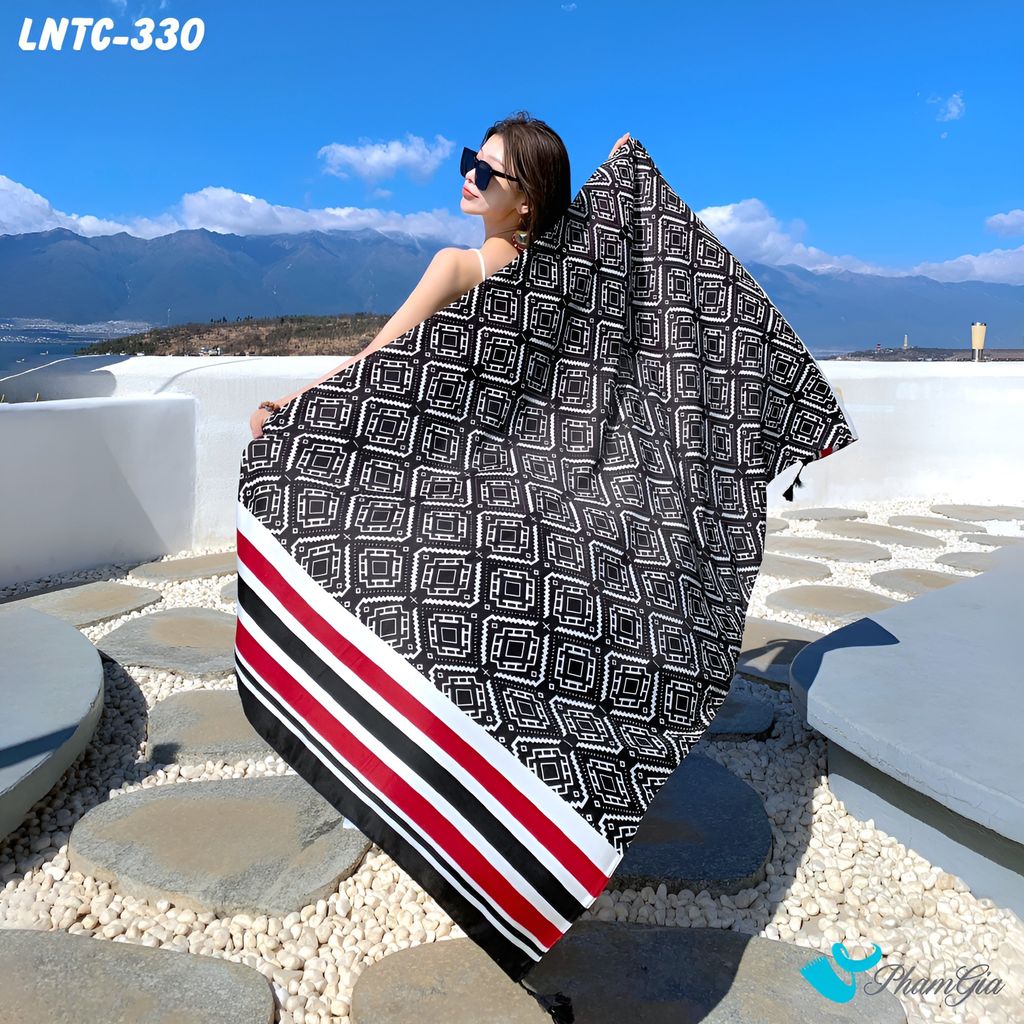 Khăn Choàng Linen Boho Họa Tiết Hình Học Mosaic Màu Đen Trắng Cá Tính
