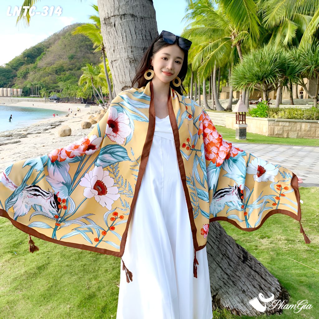 Khăn Choàng Linen Boho Họa Tiết Hoa Cẩm Tú Cầu Màu Vàng Mơ Thanh Lịch