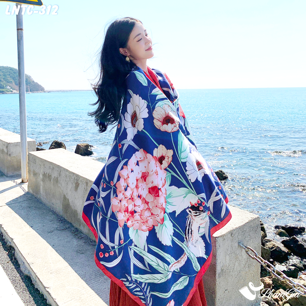 Khăn Choàng Linen Boho Họa Tiết Hoa Cẩm Tú Cầu Màu Xanh Navy Quyến Rũ