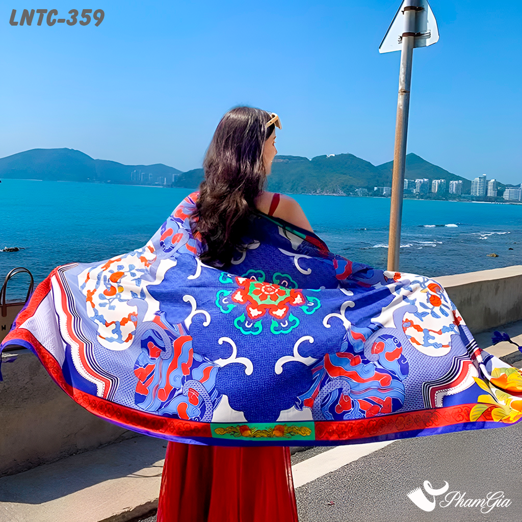 Khăn Choàng Linen Boho Họa Tiết Hoa Văn Cổ Điển Màu Xanh Coban Rực Rỡ