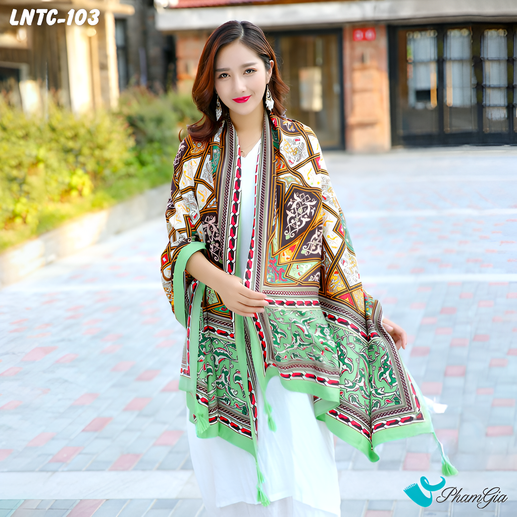 Khăn Choàng Linen Boho Họa Tiết Thổ Cẩm Mandala Màu Xanh Mint Tinh Tế