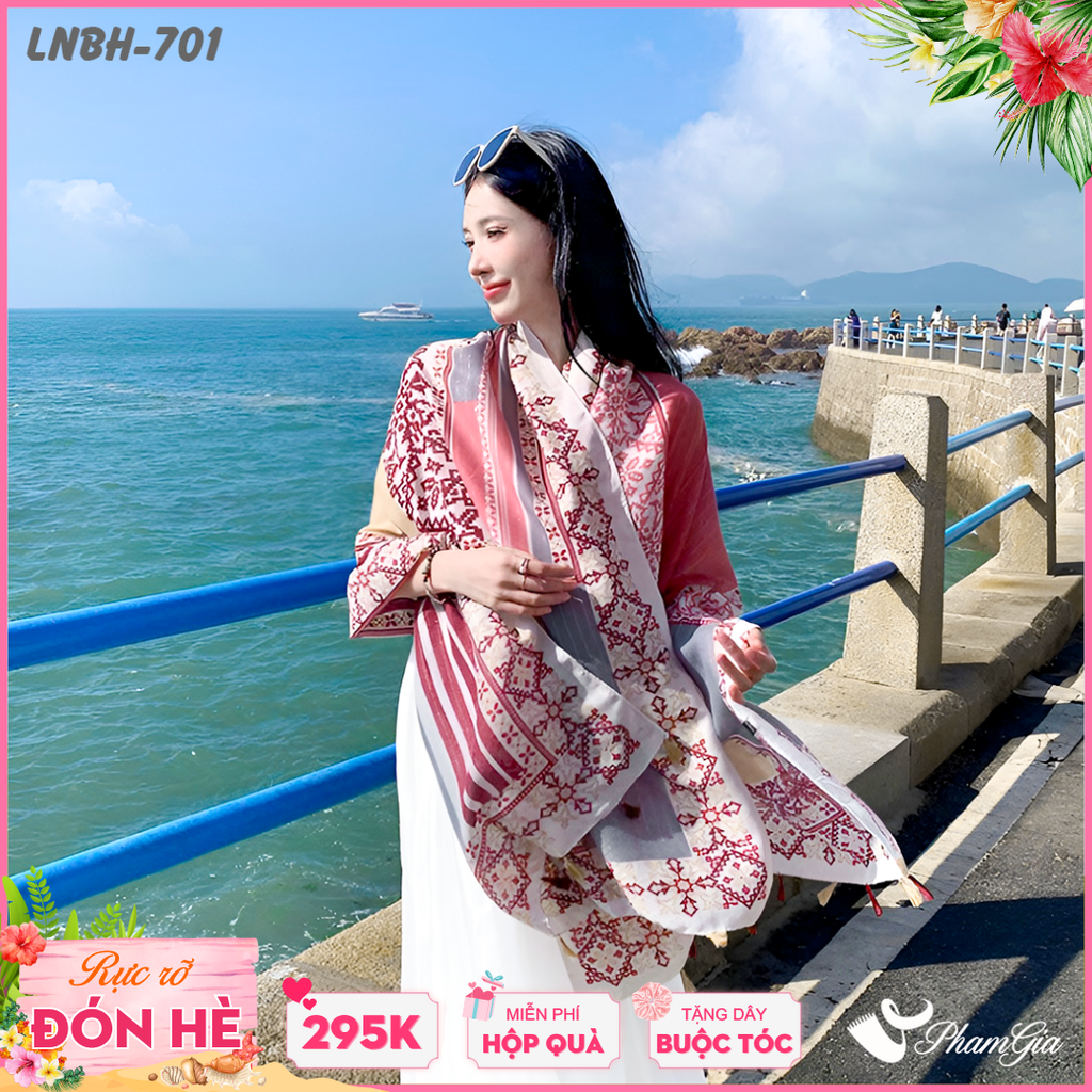 Khăn Choàng Linen Boho Họa Tiết Thổ Cẩm Phối Kim Tuyến Màu Đỏ Mận Cá Tính