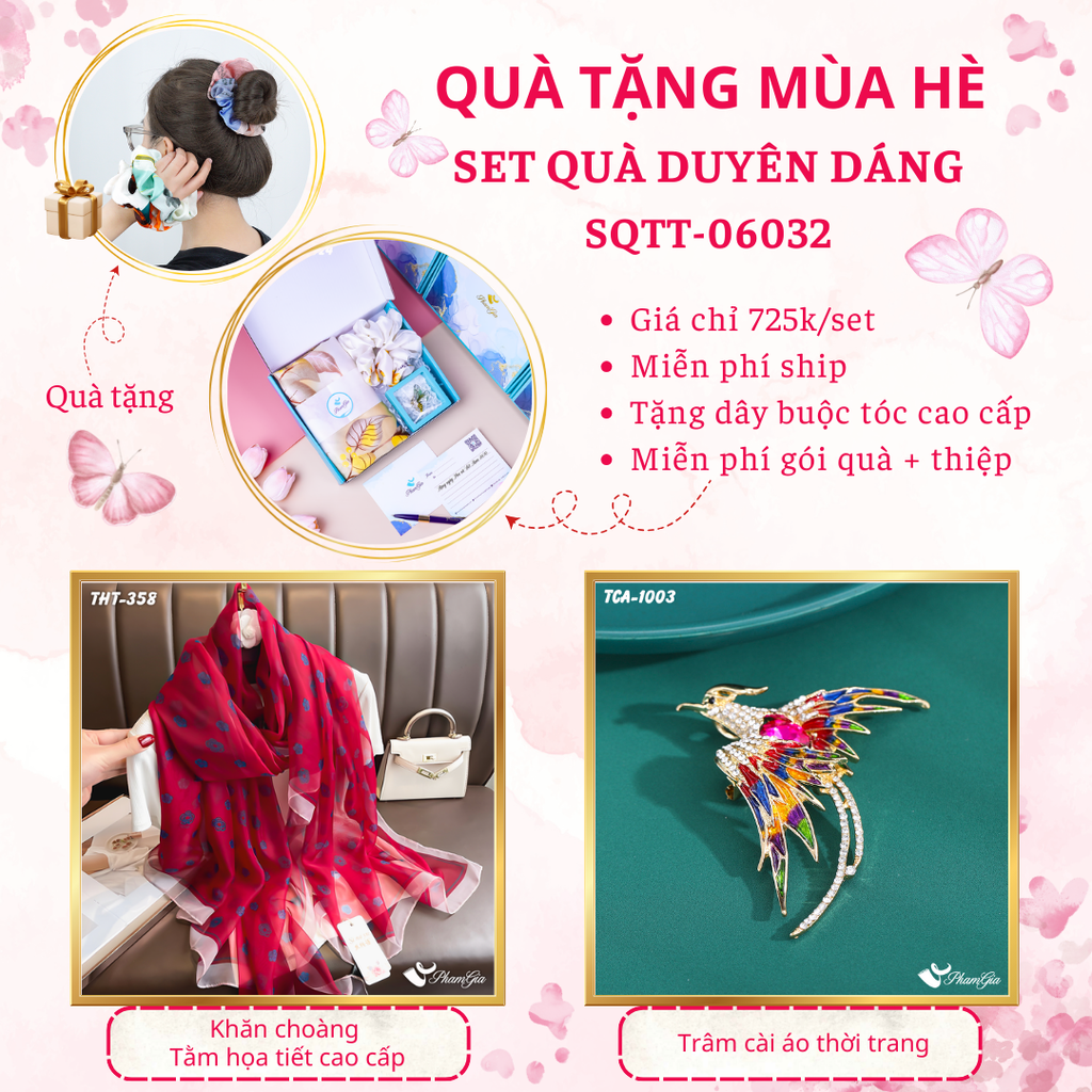 Set quà tặng khăn choàng tằm họa tiết hoa cúc và ghim cài áo chim phượng hoàng cao cấp
