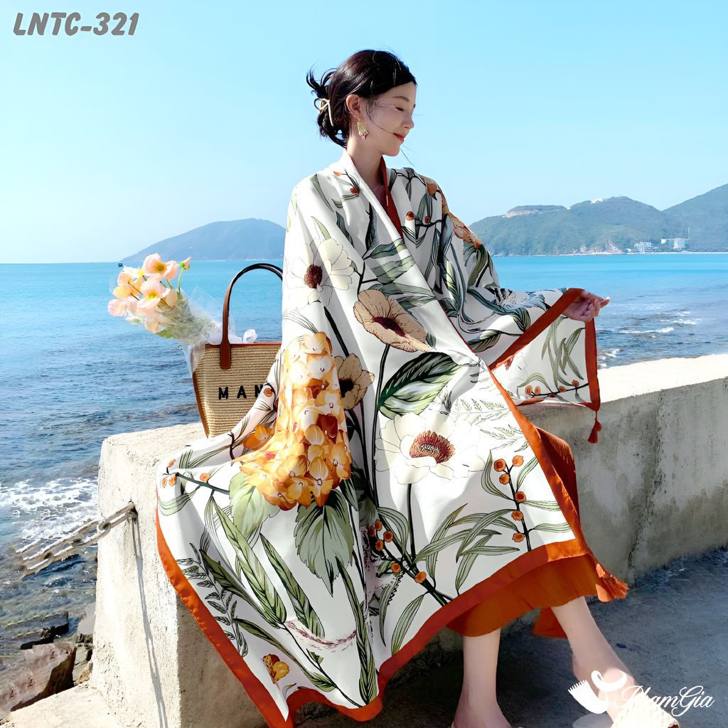 Khăn Choàng Linen Boho Họa Tiết Hoa Cẩm Tú Cầu Màu Trắng Kem Phối Cam Thanh Lịch