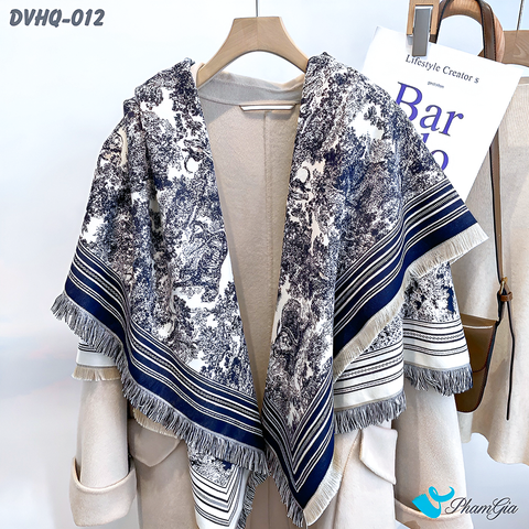 Góc Thẳng Khăn Choàng Dạ Cashmere Vuông Phong Cách Hàn Quốc Cao Cấp Họa Tiết Tranh Rừng Cổ Điển Màu Xanh Navy