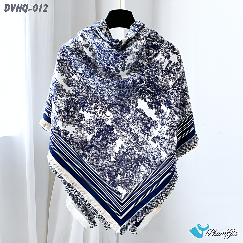 Họa Tiết Khăn Choàng Dạ Cashmere Vuông Phong Cách Hàn Quốc Cao Cấp Họa Tiết Tranh Rừng Cổ Điển Màu Xanh Navy