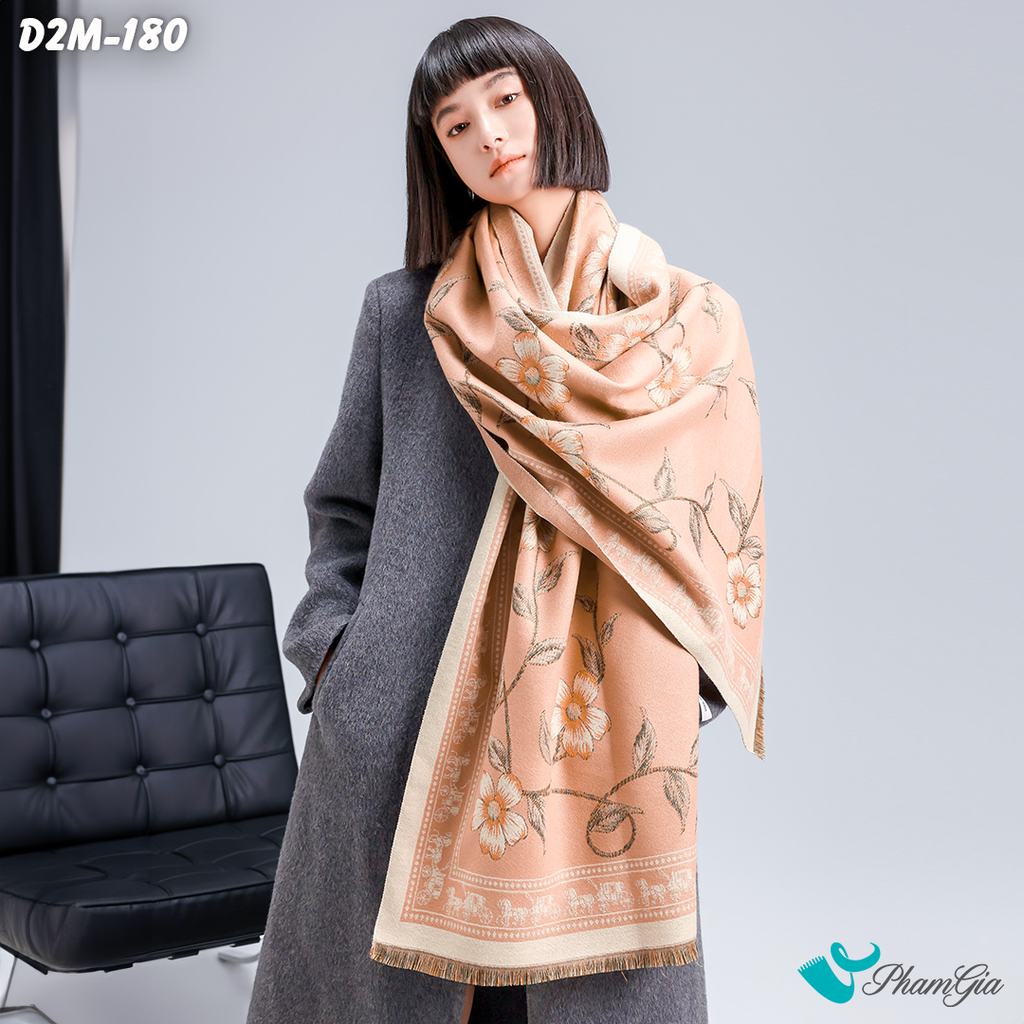 Khăn Choàng Dạ Cashmere 2 Mặt Cao Cấp Họa Tiết Hoa Dây Leo Màu Hồng Đào Tinh Tế