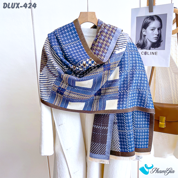 Khăn Choàng Dạ Cashmere Cao Cấp Họa Tiết Caro và Nanh Sói Màu Xanh Navy Cá Tính (DLUX424)