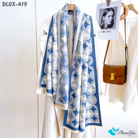 Góc Thẳng Khăn Choàng Dạ Cashmere Cao Cấp Họa Tiết Hình Học Màu Xanh Dương Thanh Lịch