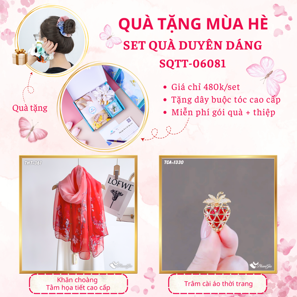 Quà Tặng Mùa Hè - Set Quà Tặng Khăn Choàng Tằm Họa Tiết Và Ghim Cài Áo Duyên Dáng (SQTT06081)