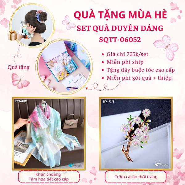 Quà Tặng Mùa Hè - Set Quà Tặng Khăn Choàng Tằm Họa Tiết Và Ghim Cài Áo Duyên Dáng (SQTT06052)