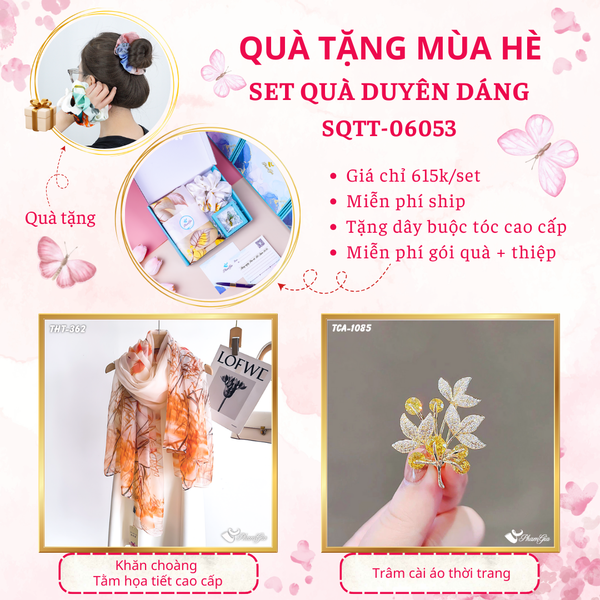 Quà Tặng Mùa Hè - Set Quà Tặng Khăn Choàng Tằm Họa Tiết Và Ghim Cài Áo Duyên Dáng (SQTT06053)