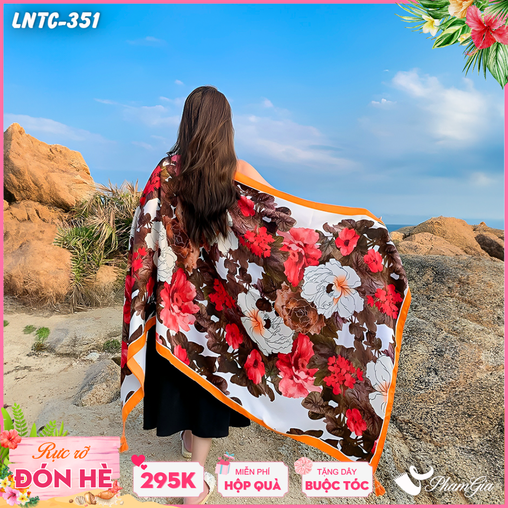 Khăn Choàng Linen Boho Họa Tiết Hoa Mẫu Đơn Phối Màu Trắng Đỏ Viền Cam Quyến Rũ