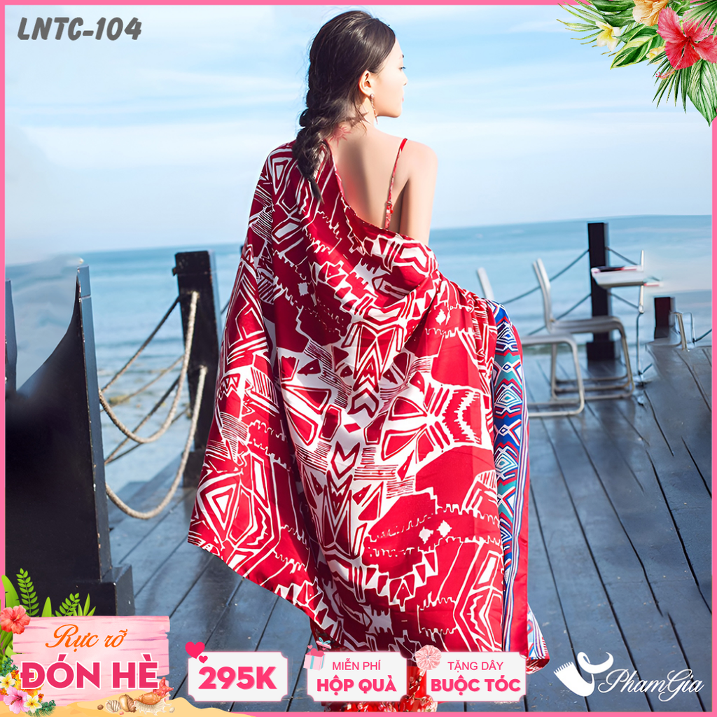 Khăn Choàng Linen Boho Họa Tiết Thổ Cẩm Tribal Màu Đỏ Đô Phối Viền Xanh Cá Tính